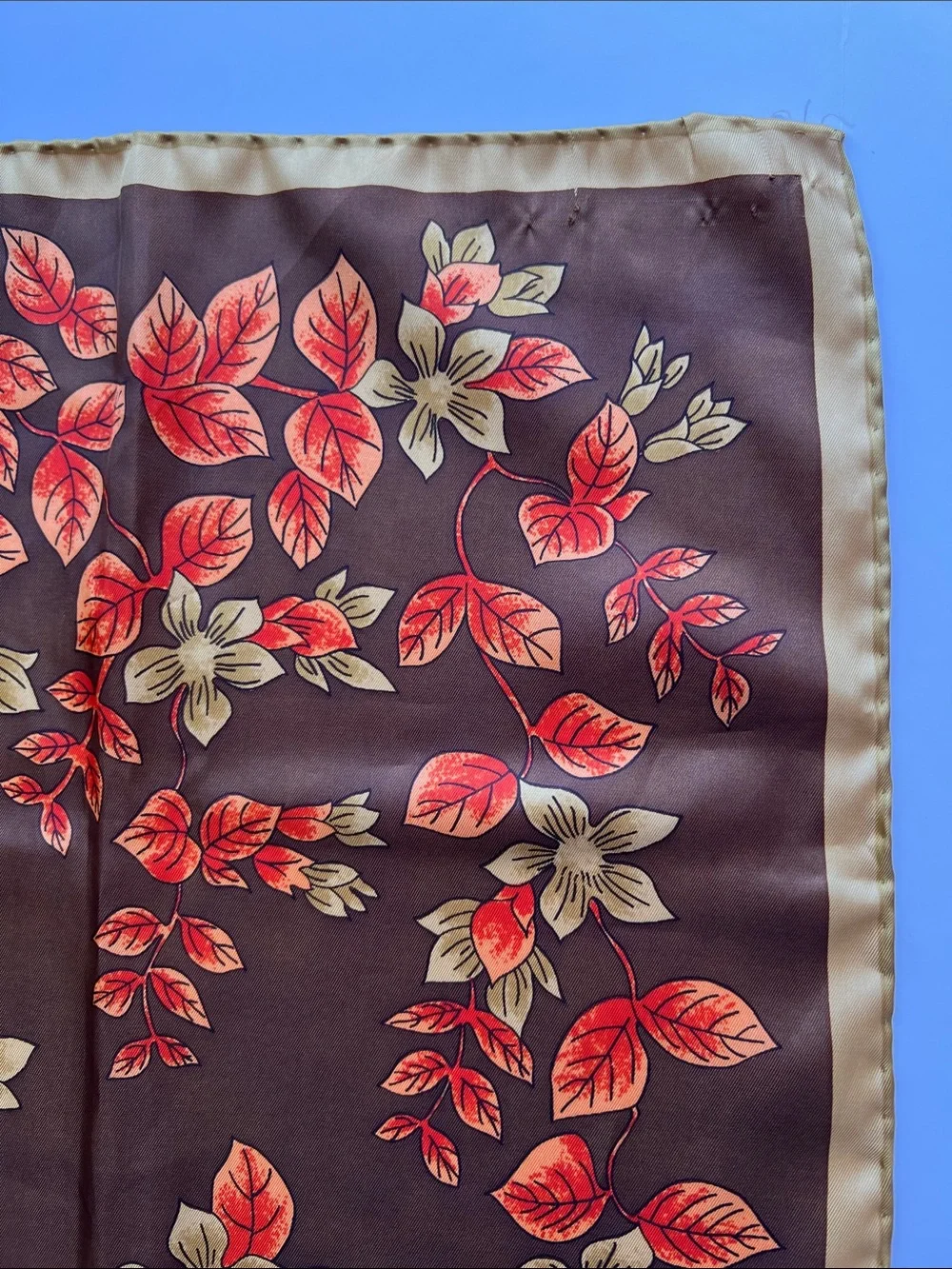 Vintage Vera Neumann Square Scarf in Brown with Orange & Gold Leaves 26” Square